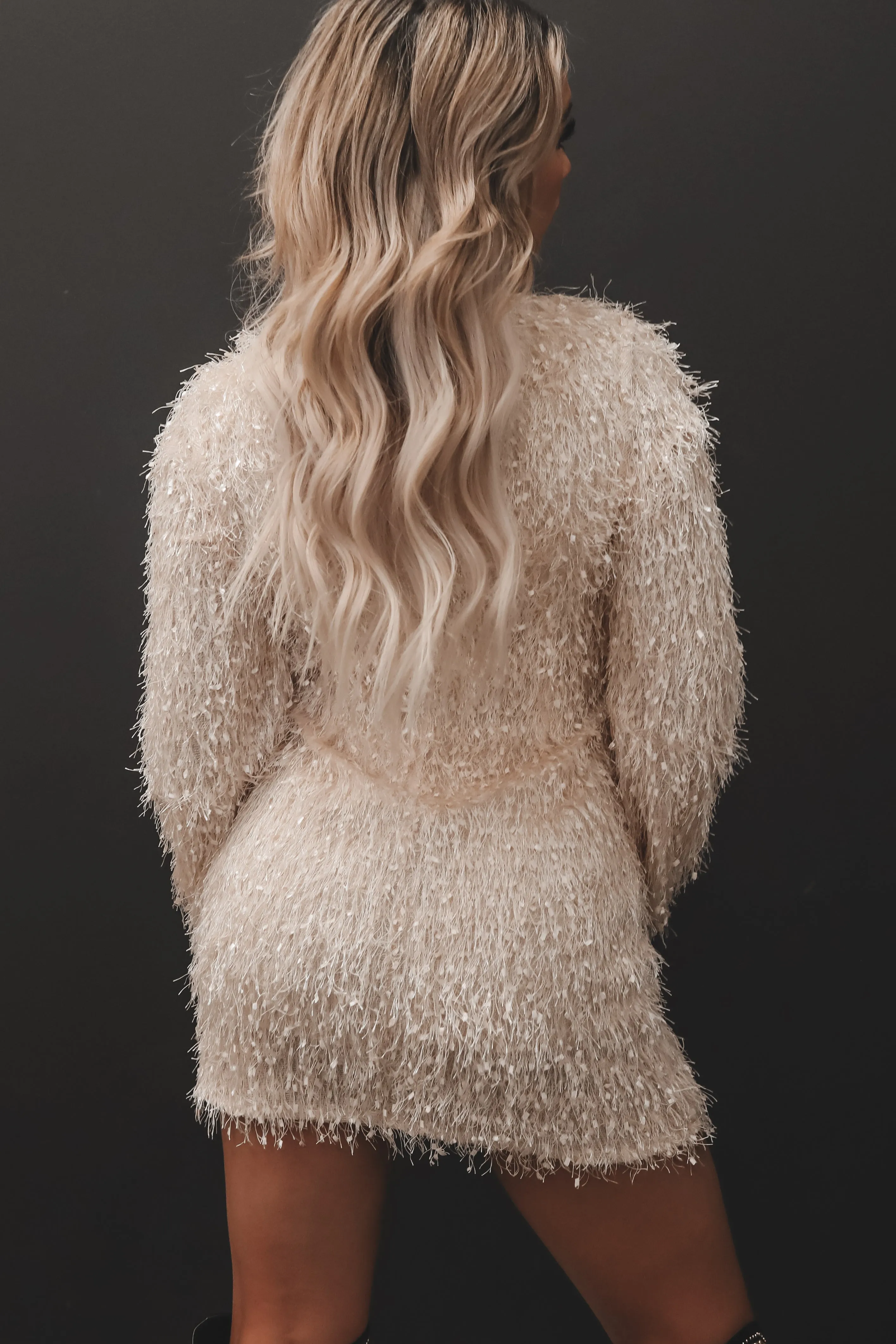 Came To Slay Long Sleeve Cream Fur Party Dress