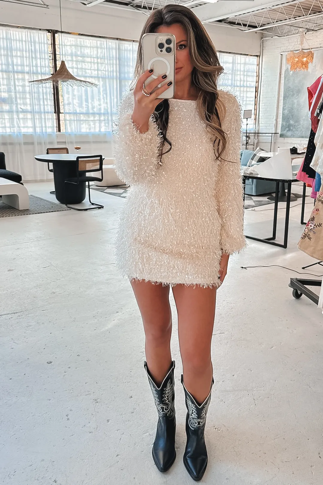 Came To Slay Long Sleeve Cream Fur Party Dress