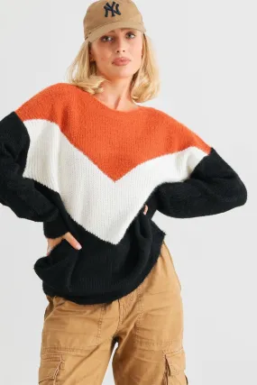 Camel Ivory Black Colorblock Fuzzy Knit Long Sleeve Sweater /2-2-2