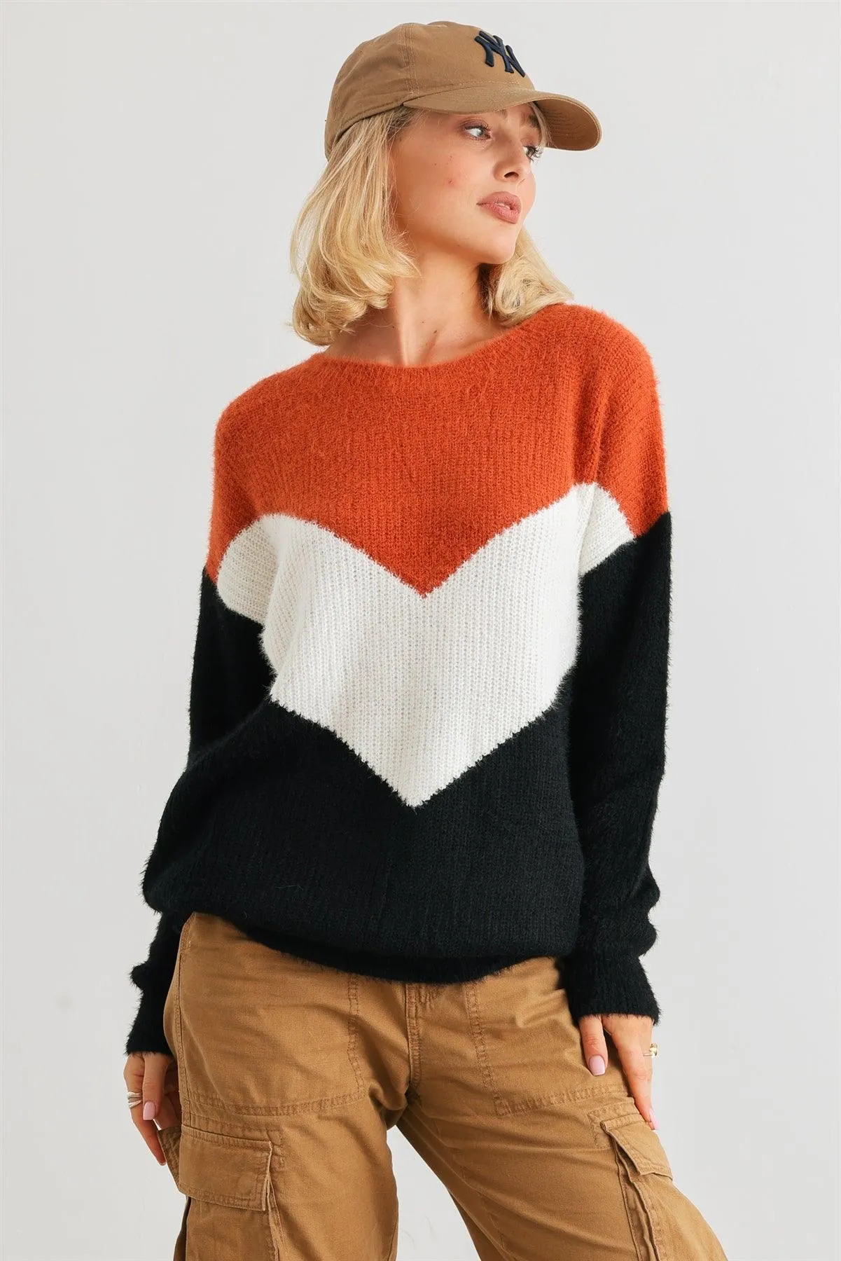 Camel Ivory Black Colorblock Fuzzy Knit Long Sleeve Sweater /2-2-2