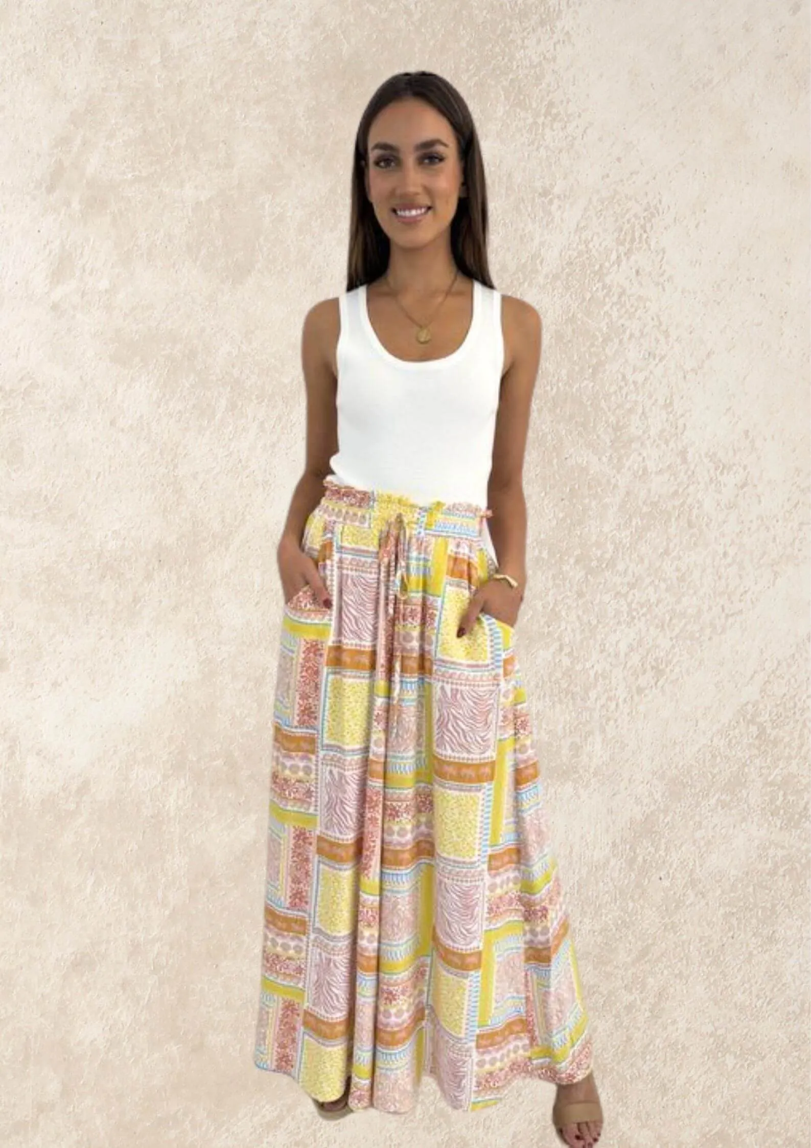 Canary Wide Leg Pants in Lemon Block Print