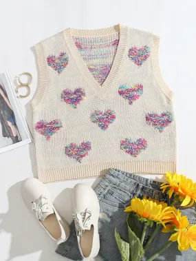 Casual Heart Sleeveless V Neck Regular Women Knit Top