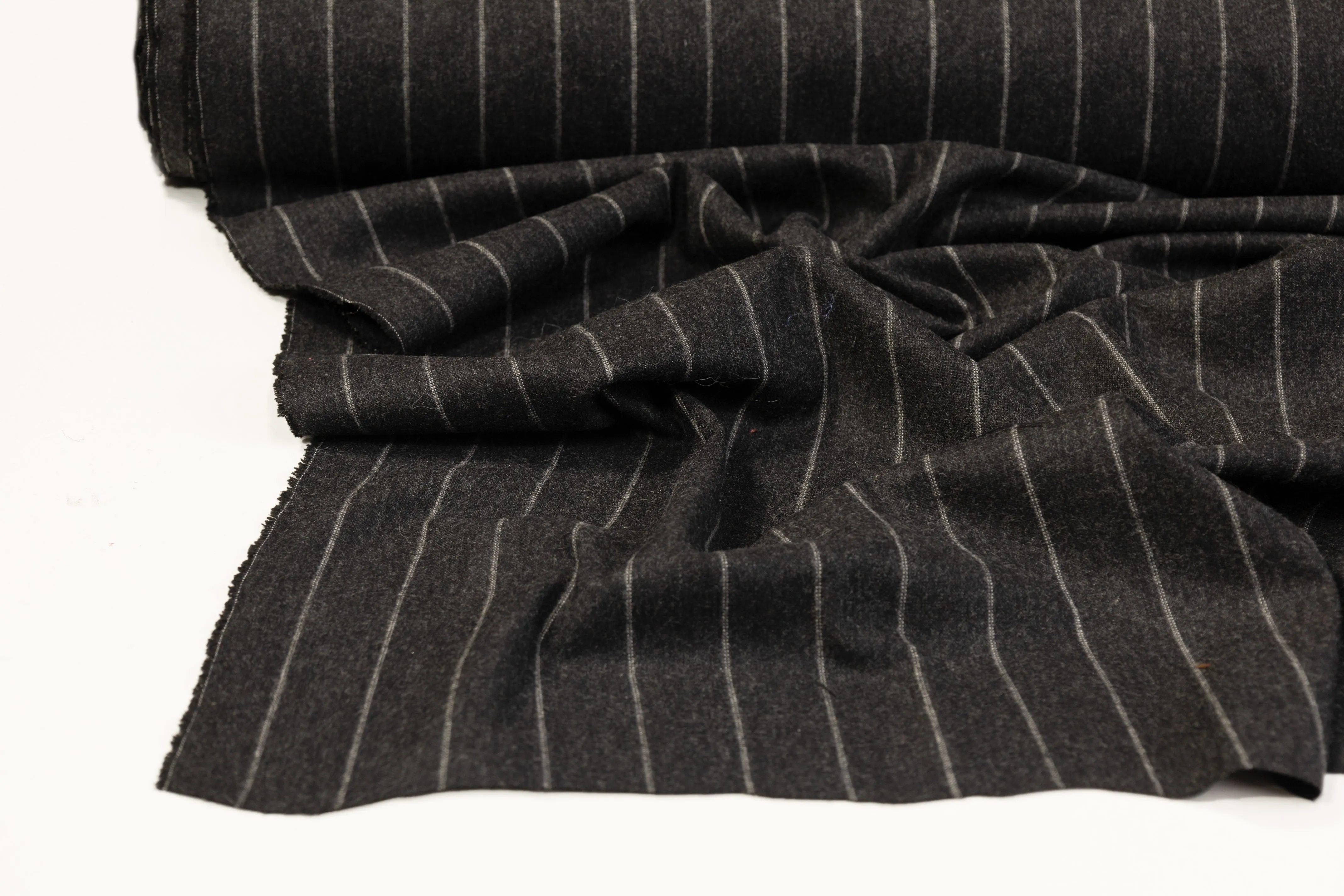 Chalk Striped Wool Blend Flannel Suiting - Charcoal Gray