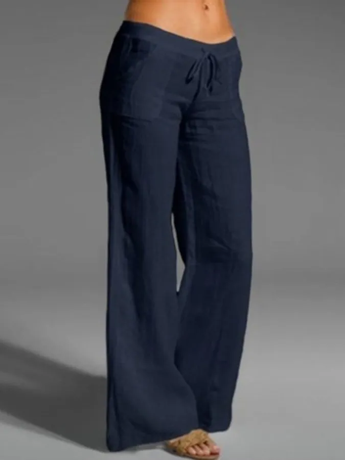 Cotton Linen Solid Color High Waist Wide Leg Pants