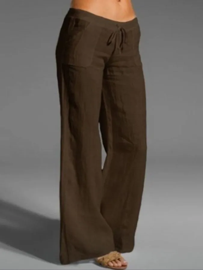 Cotton Linen Solid Color High Waist Wide Leg Pants