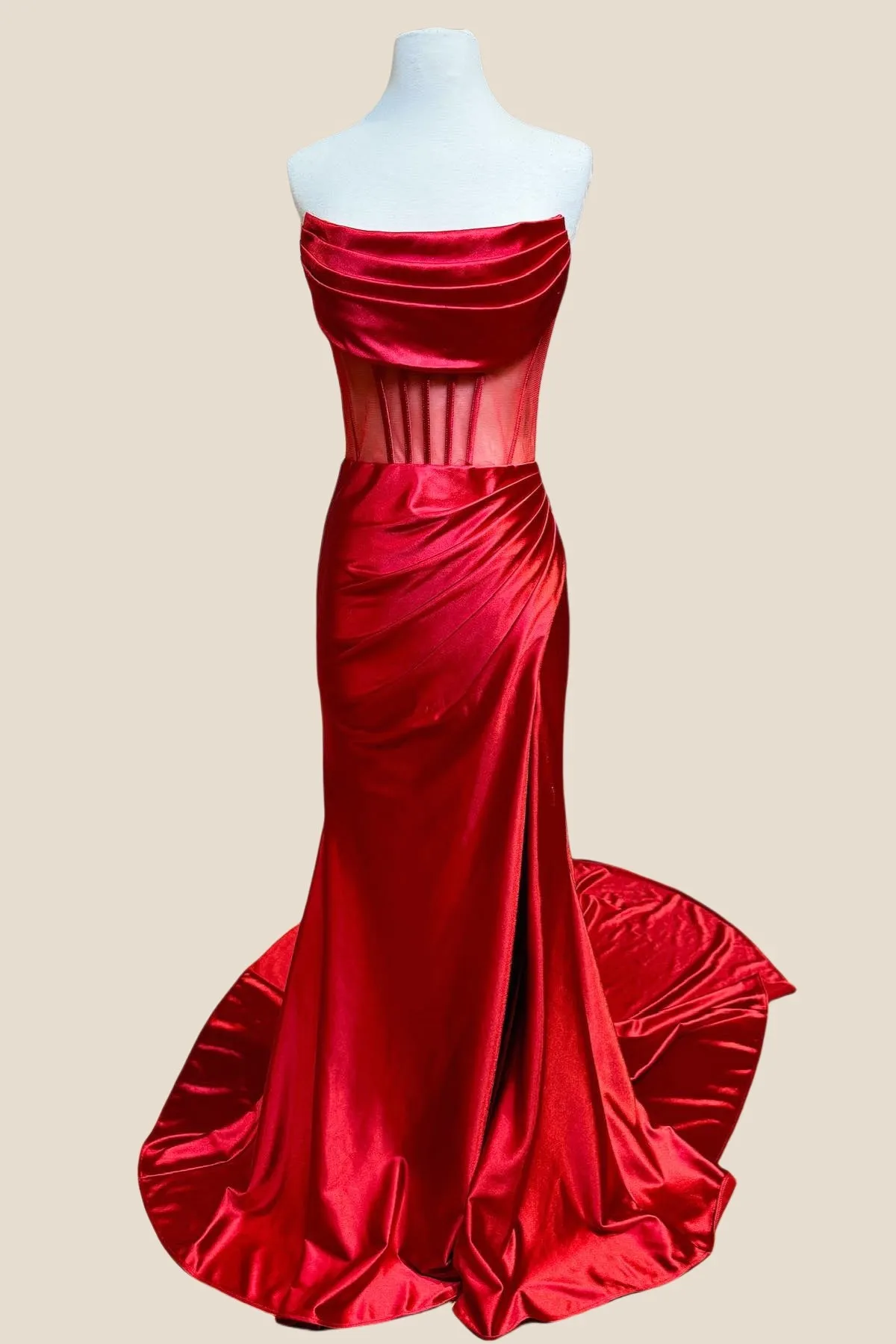 Cowl Neck Red Ruched Long Dress with Slit