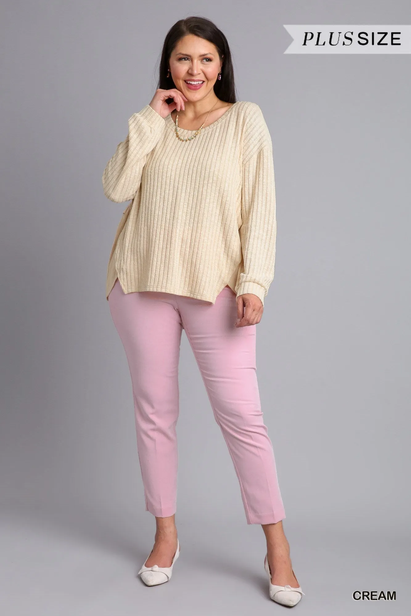 Cream Ribbed Knit Long Sleeve Top #717