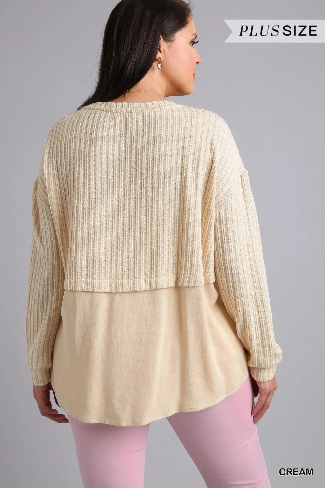 Cream Ribbed Knit Long Sleeve Top #717