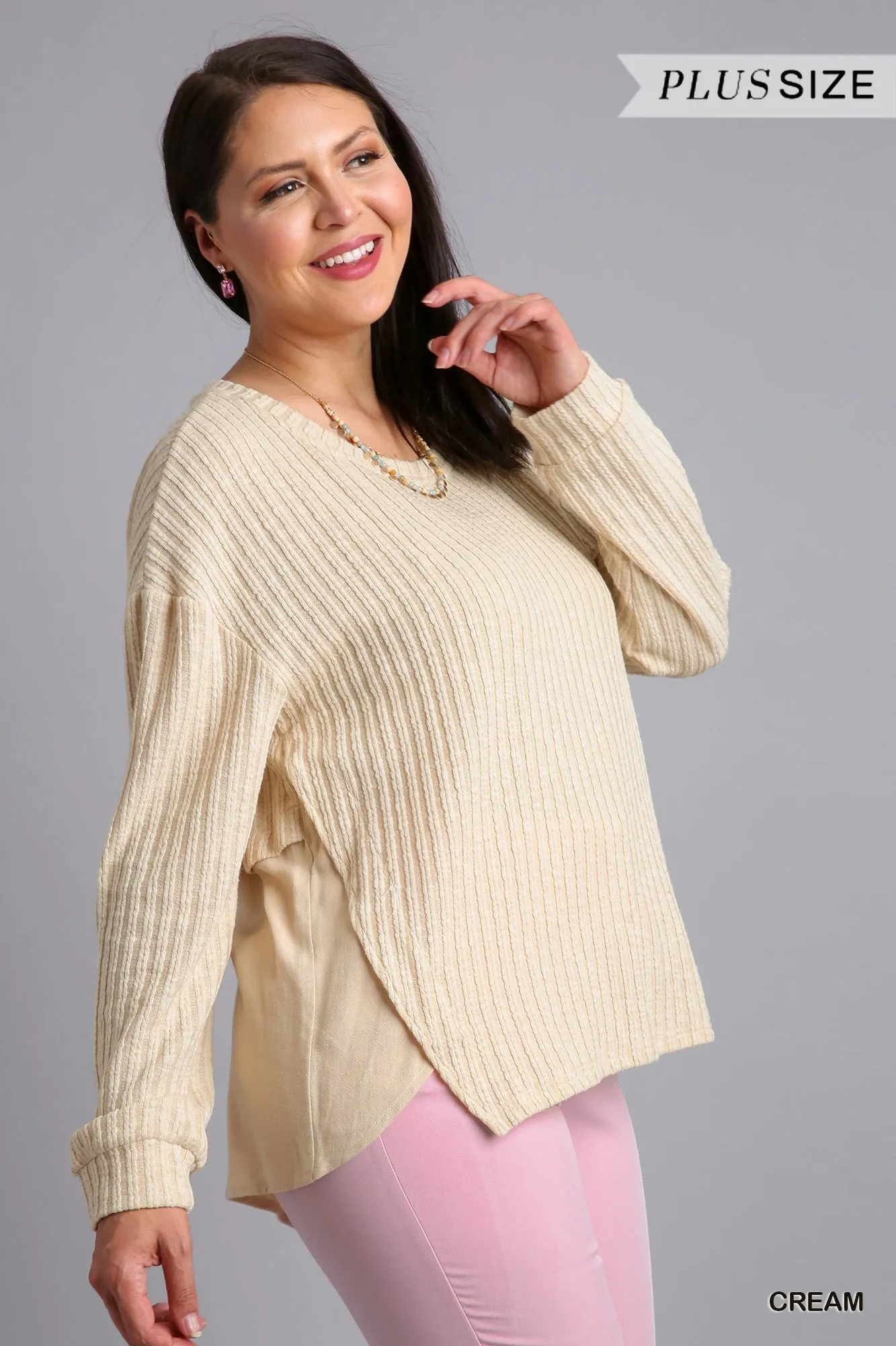 Cream Ribbed Knit Long Sleeve Top #717