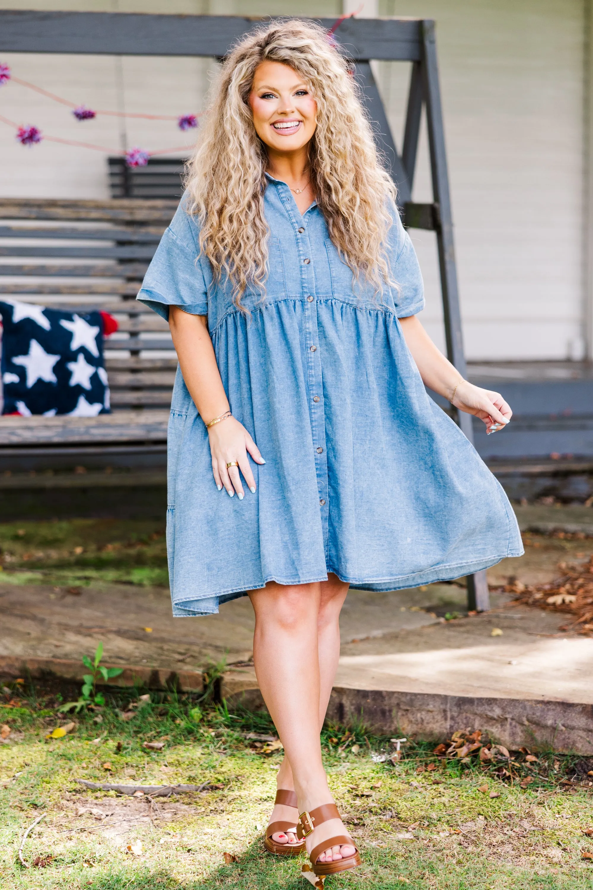 Darling Denim Babydoll Dress, Medium Wash