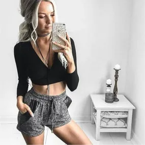 Deep V-neck Long Sleeves Straps Bandage Crop Top