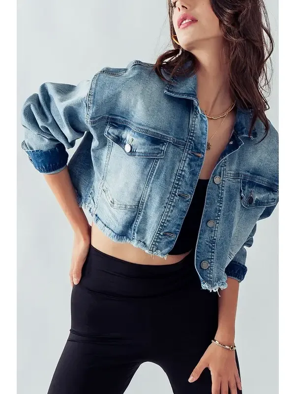 Denim Raw Hem Cropped Jacket By Urban Daizy