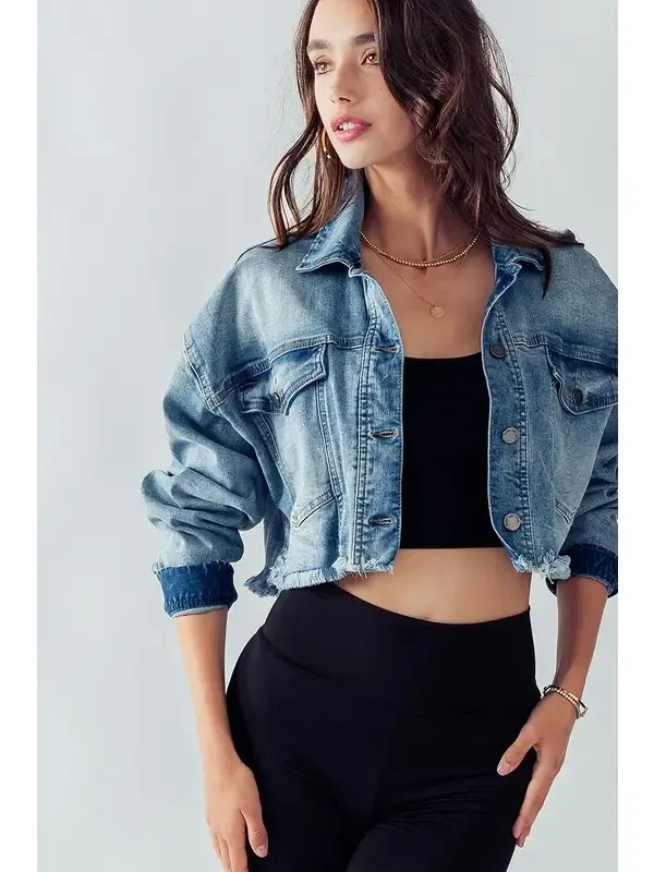 Denim Raw Hem Cropped Jacket By Urban Daizy