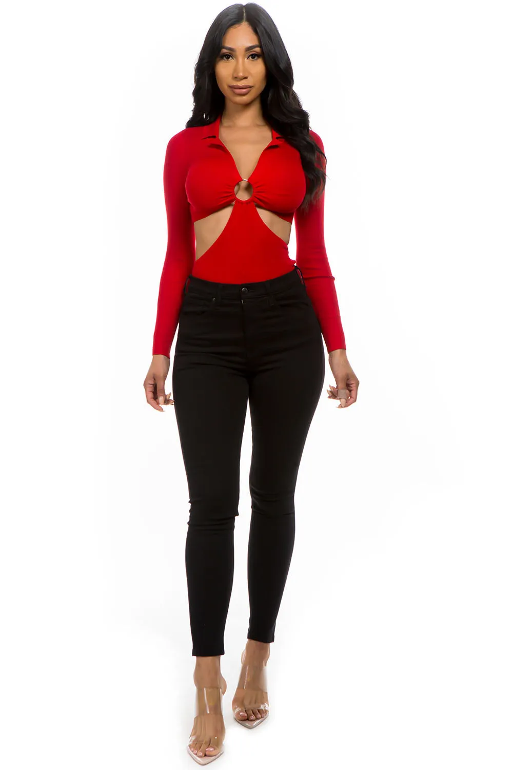 EDNADA Knit bodysuit sexy open back polo neck