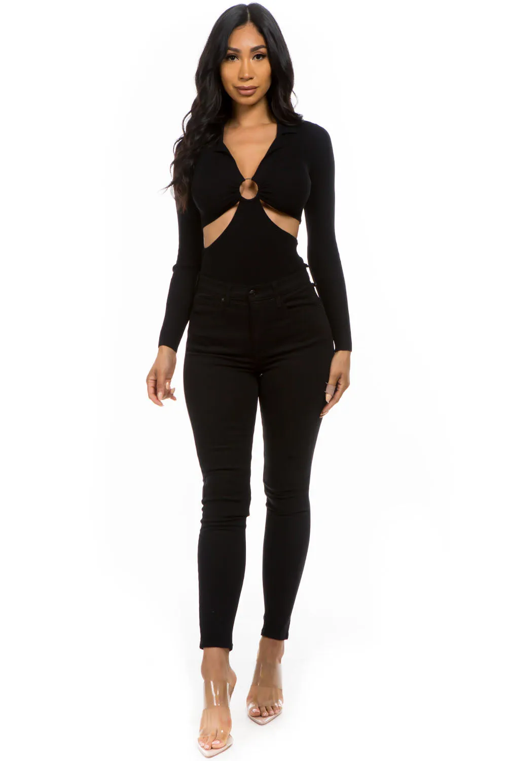 EDNADA Knit bodysuit sexy open back polo neck