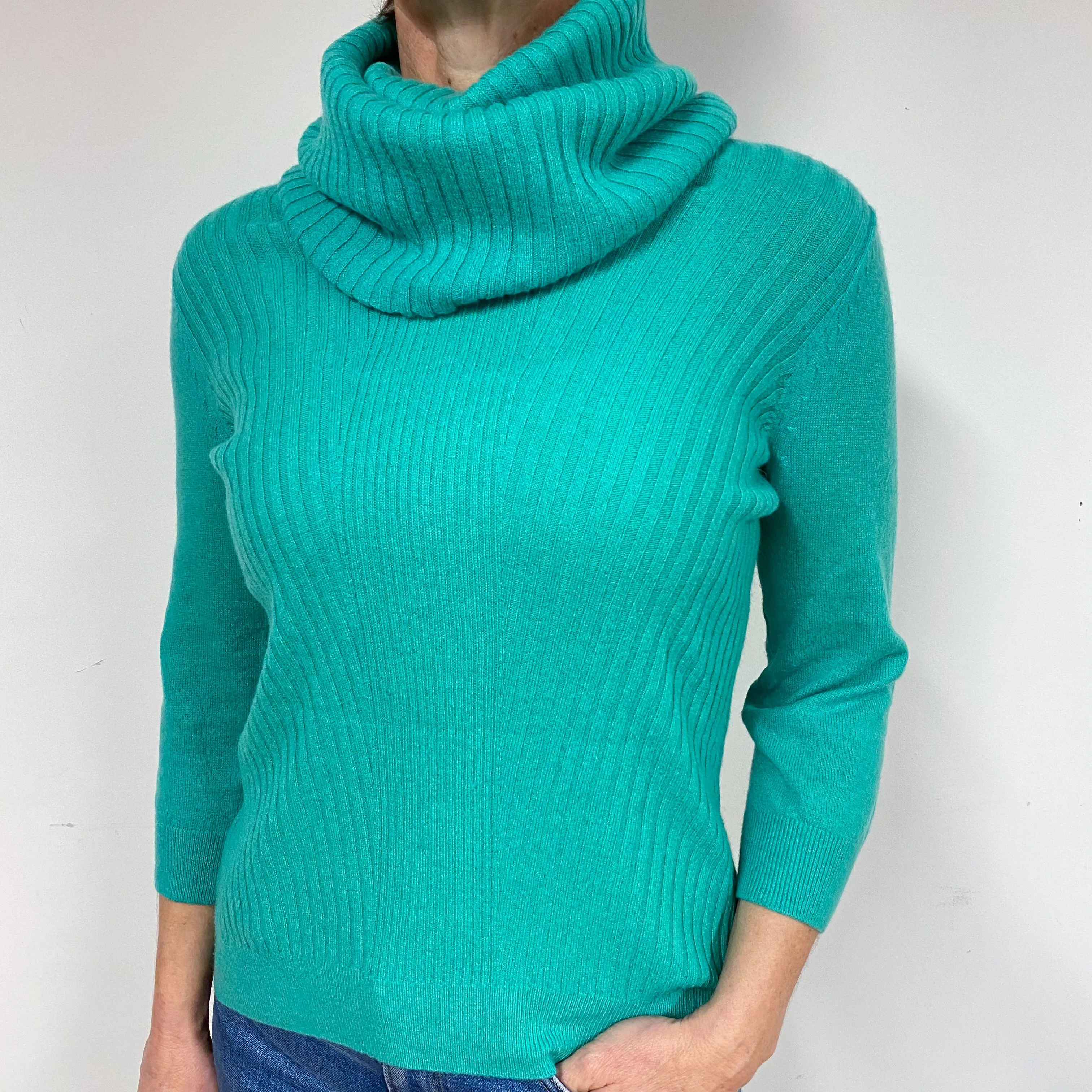 Emerald Green Ribbed Cashmere Cowl Neck Jumper Medium