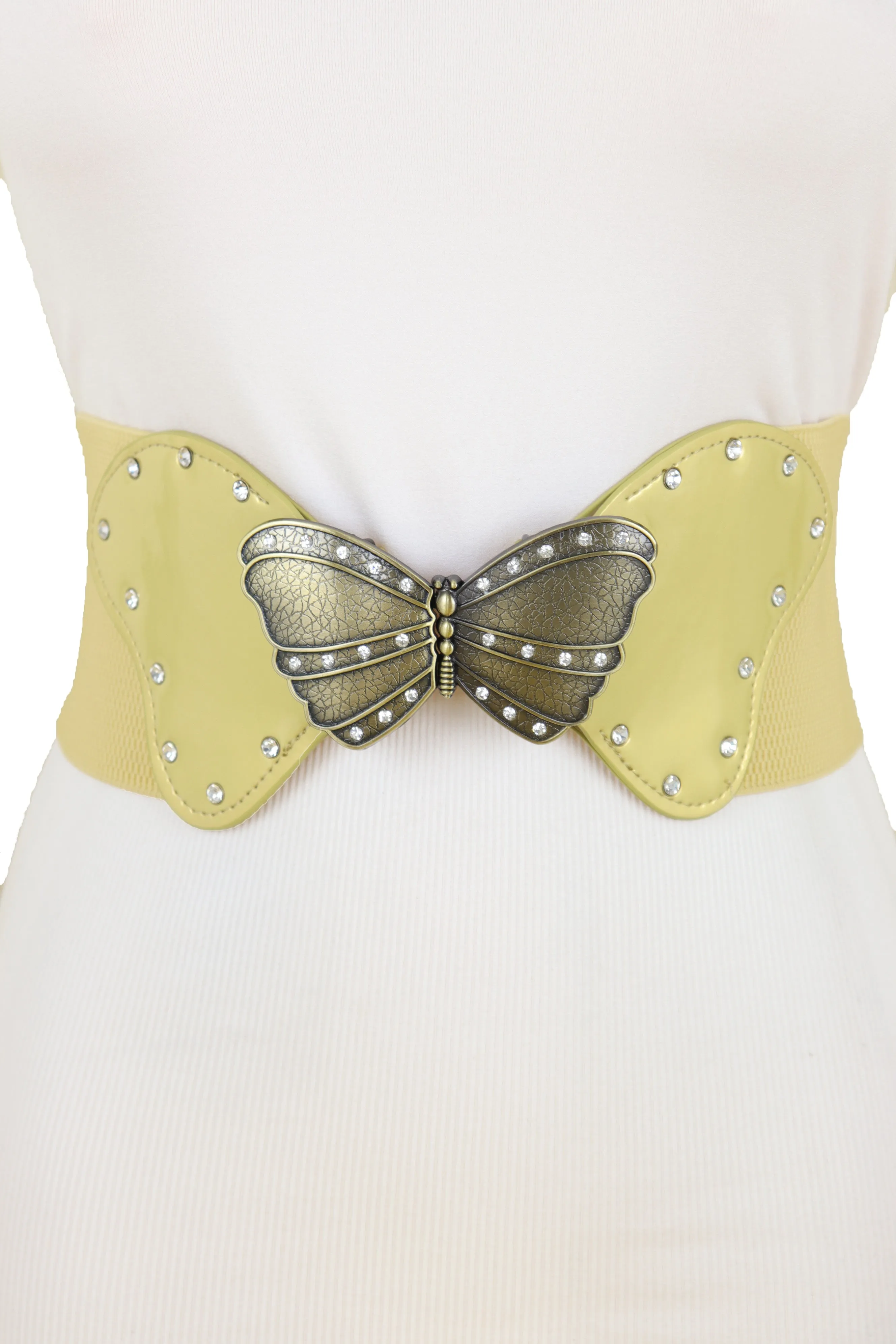 Fashion Wide Elastic Waistband Gold Belt Butterfly Metal Buckle Fit Size S M