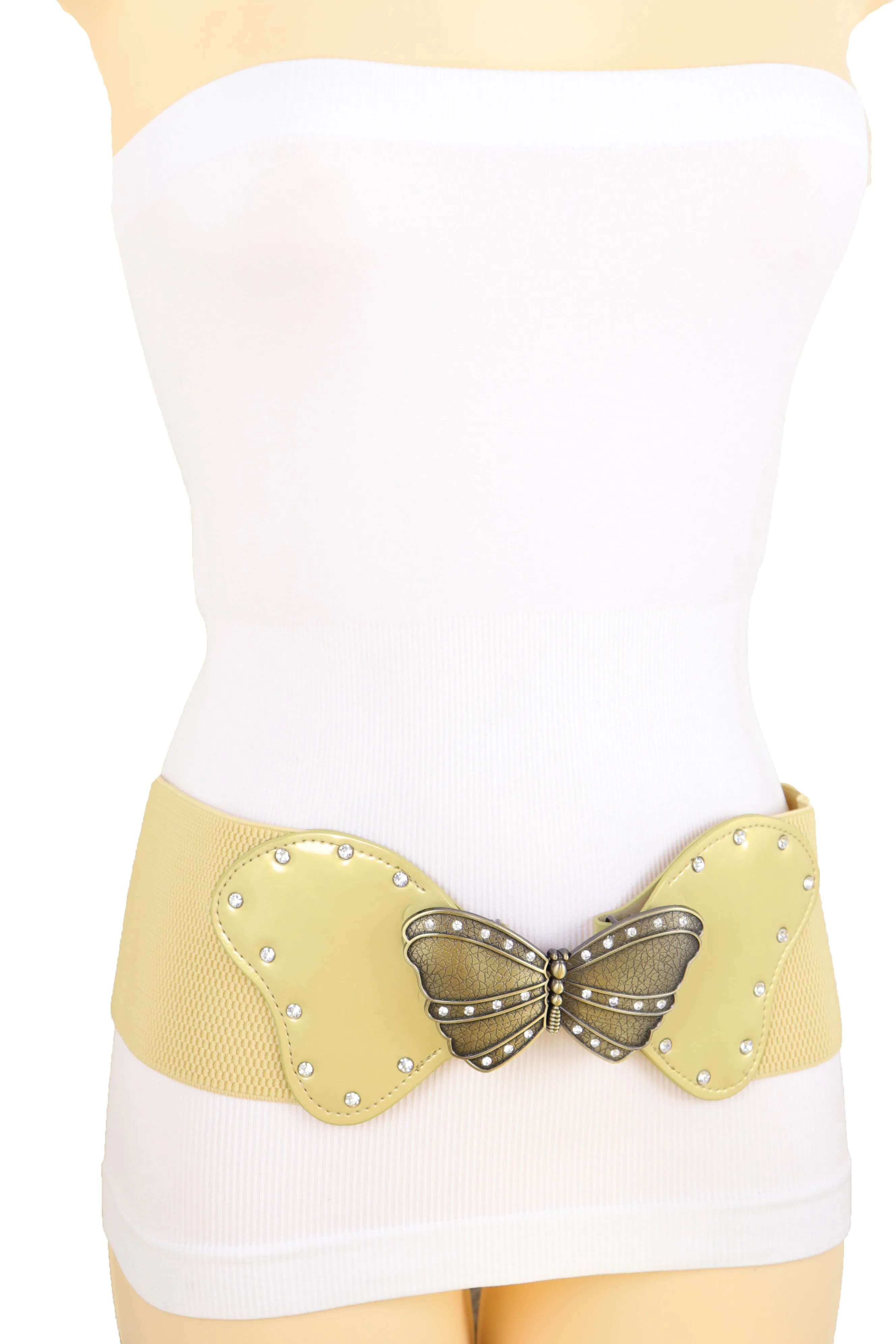 Fashion Wide Elastic Waistband Gold Belt Butterfly Metal Buckle Fit Size S M