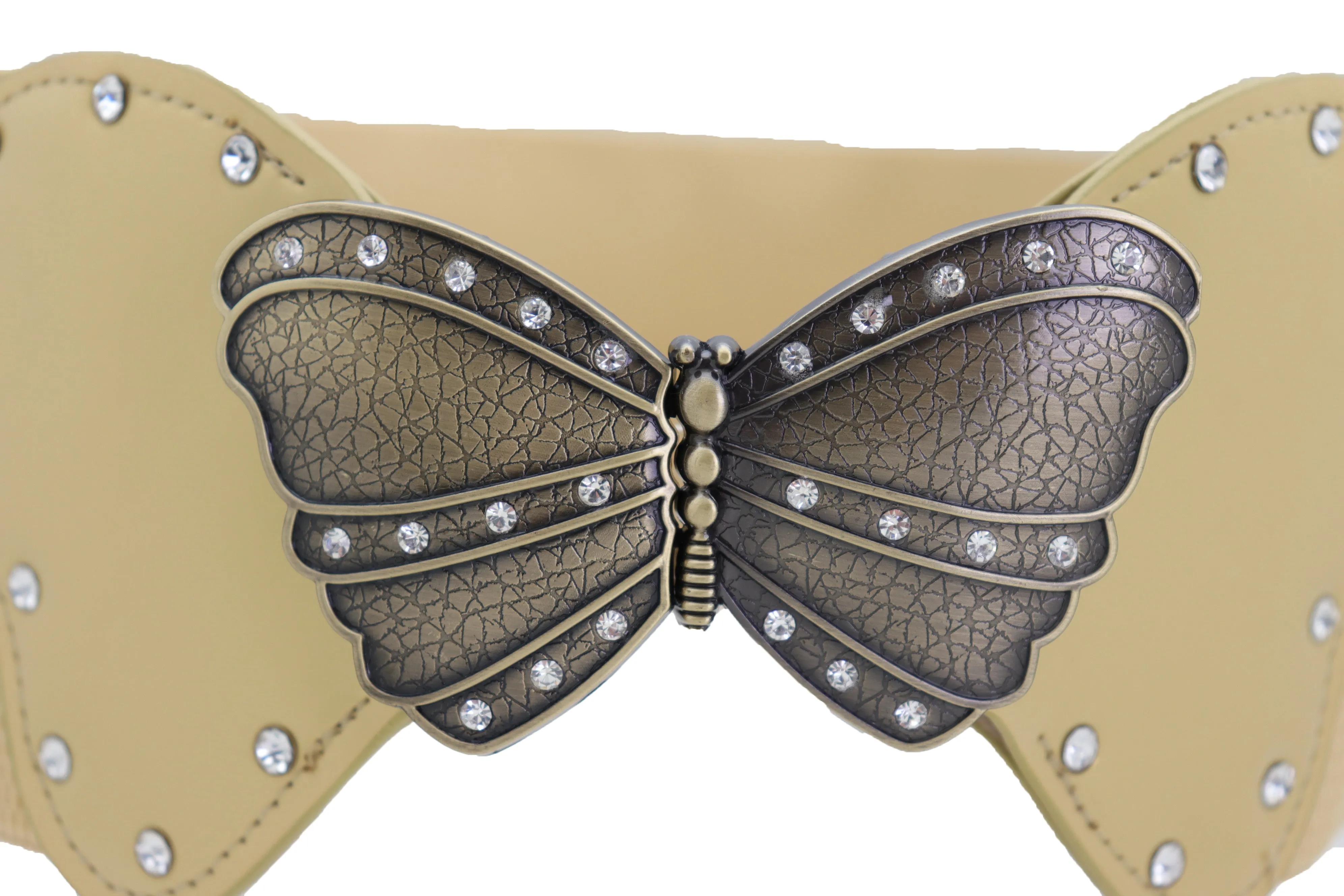 Fashion Wide Elastic Waistband Gold Belt Butterfly Metal Buckle Fit Size S M