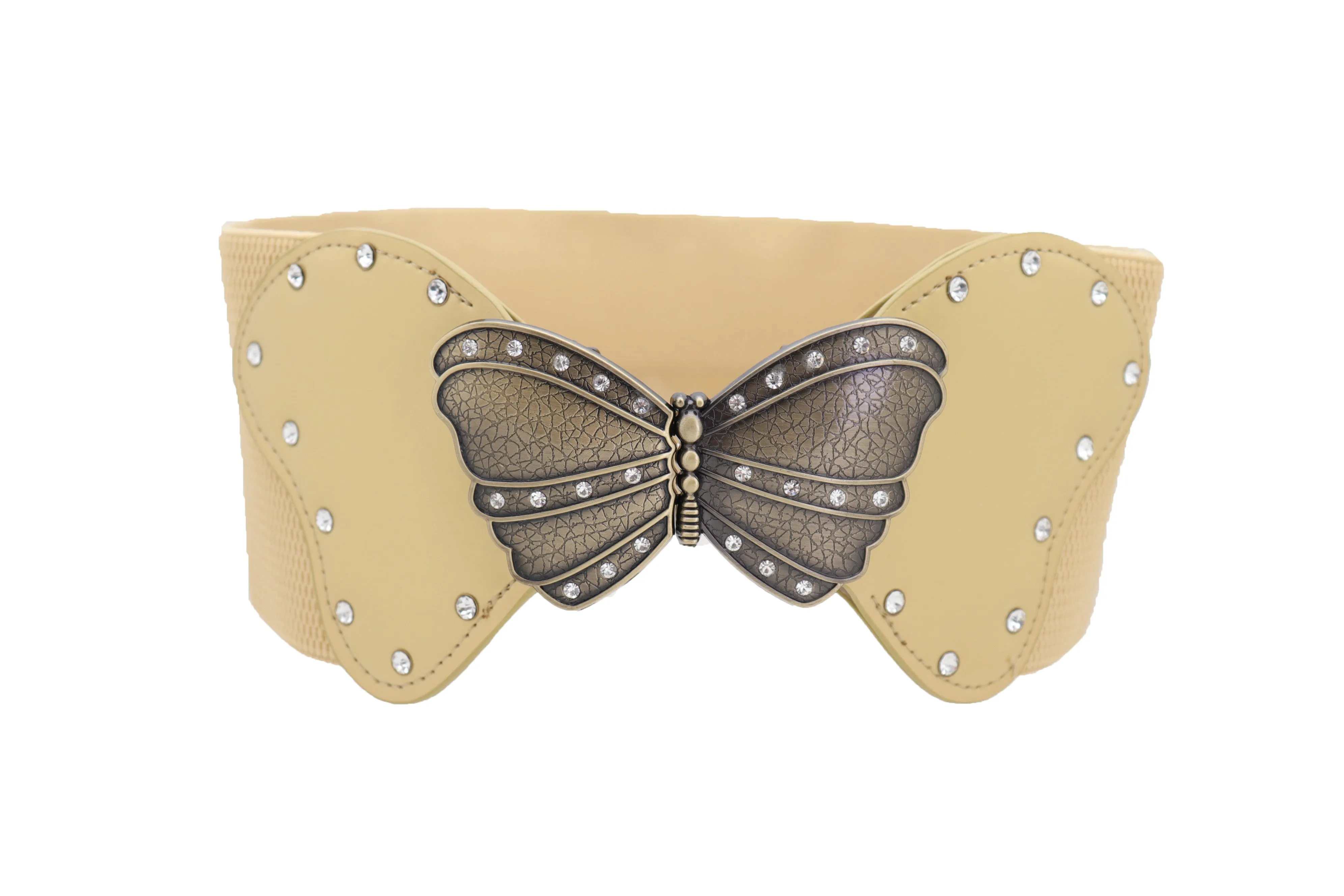 Fashion Wide Elastic Waistband Gold Belt Butterfly Metal Buckle Fit Size S M