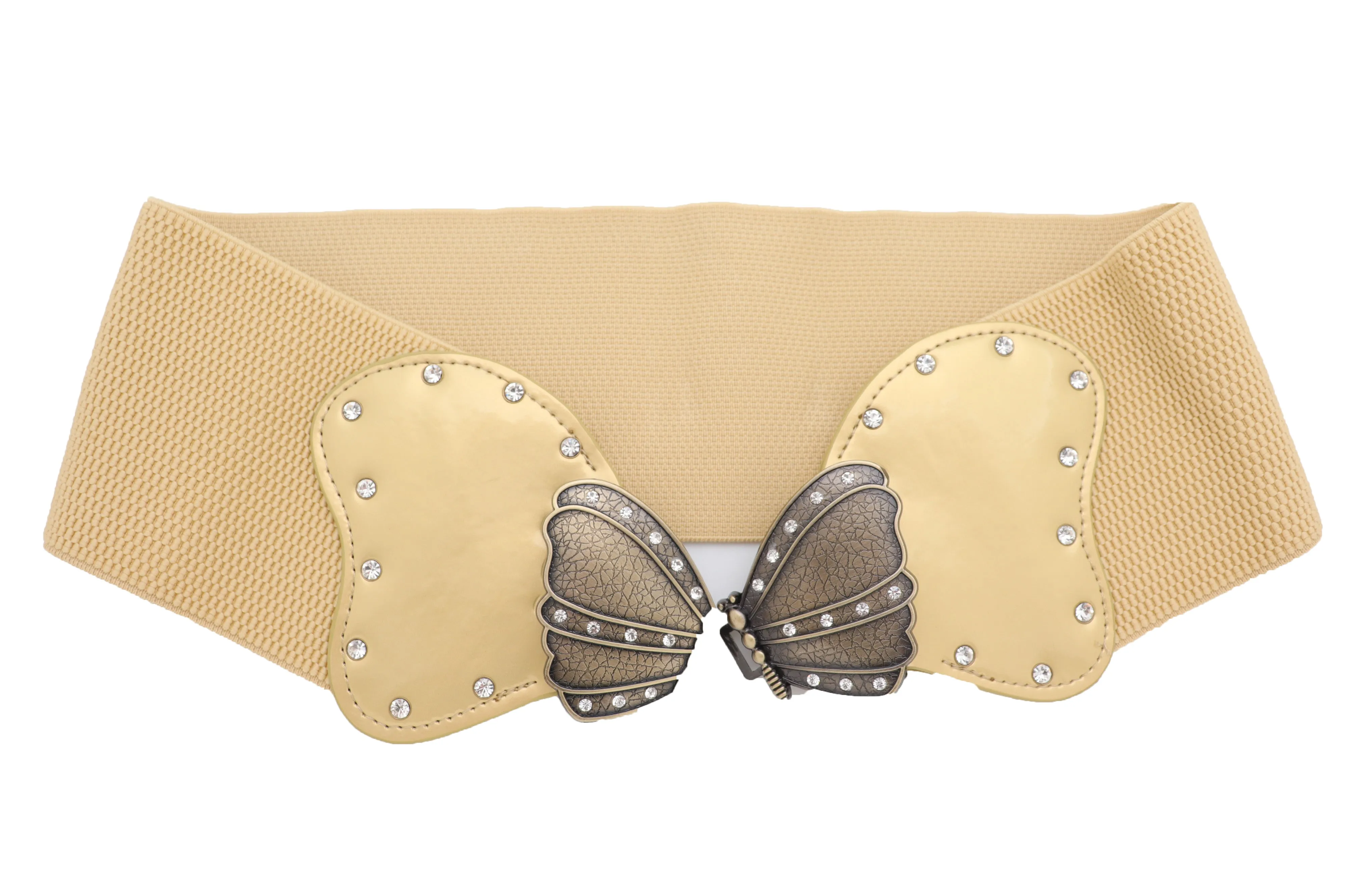 Fashion Wide Elastic Waistband Gold Belt Butterfly Metal Buckle Fit Size S M