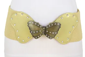 Fashion Wide Elastic Waistband Gold Belt Butterfly Metal Buckle Fit Size S M