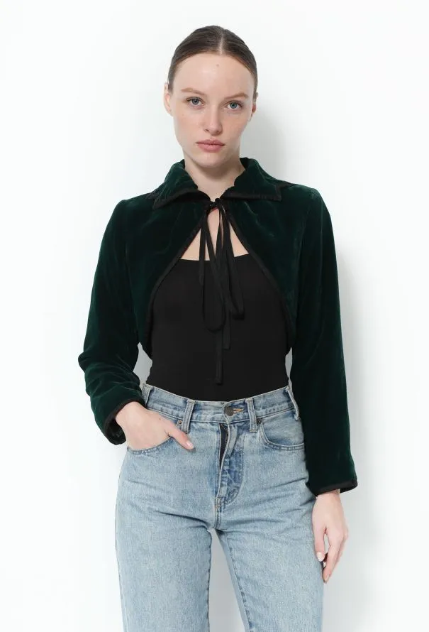 feather trim velour bolero cropped jacket fvelvet black