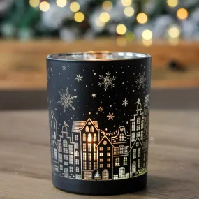 Festive House Scene Dark Glass Tealight Holder