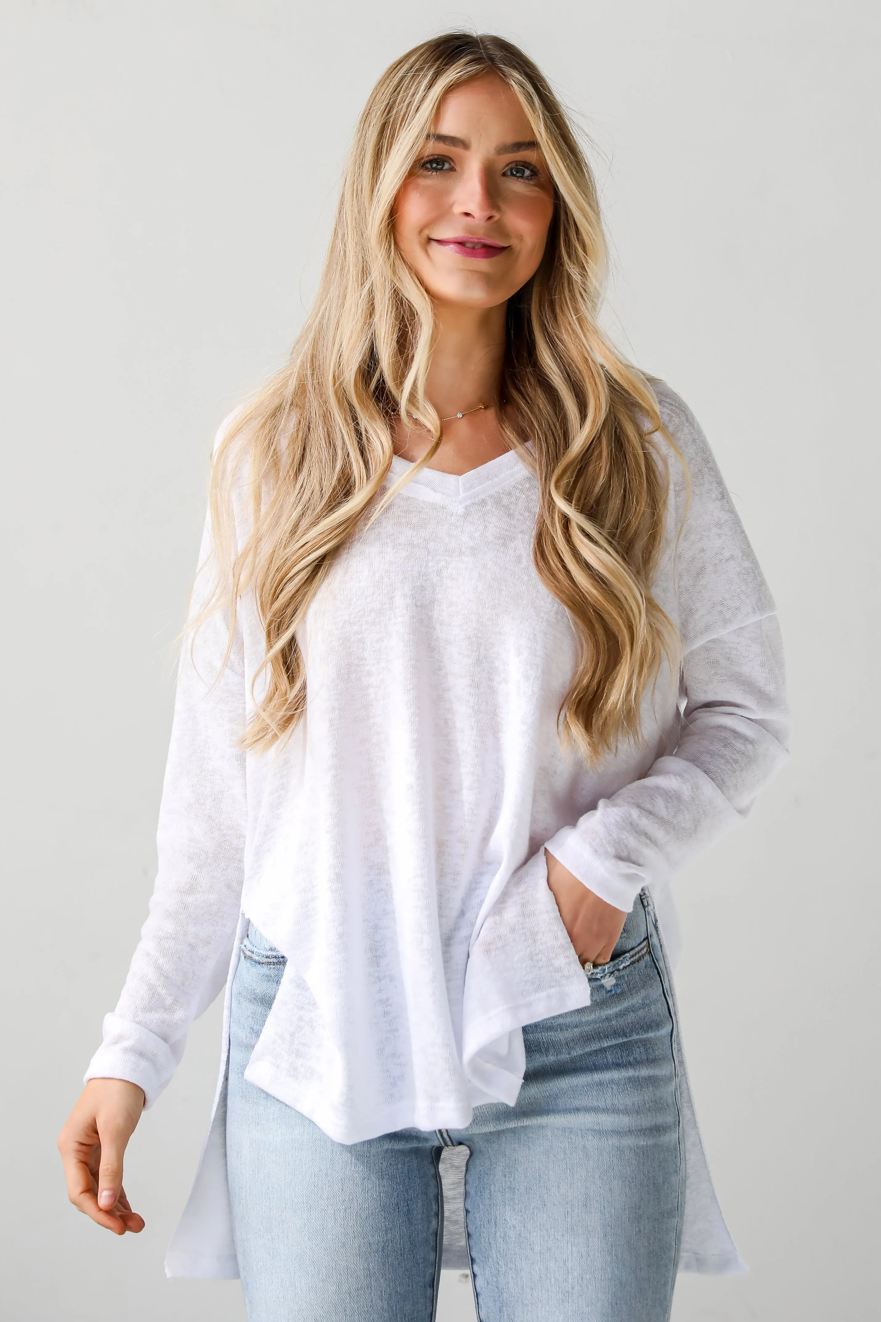 FINAL SALE - Haley White Long Sleeve Knit Top - DU DEAL