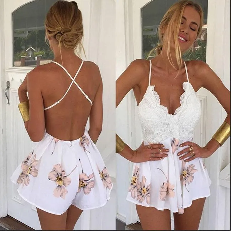 FLORAL LACE BACKLESS ROMPER