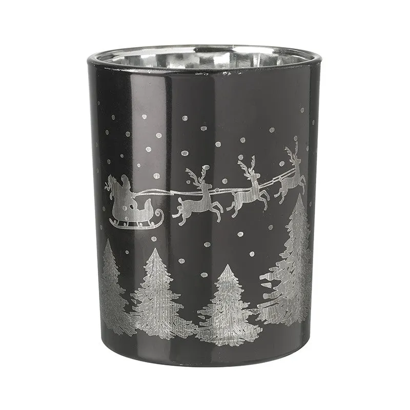 Flying Santa On Sleigh Dark Glass Tealight Holder