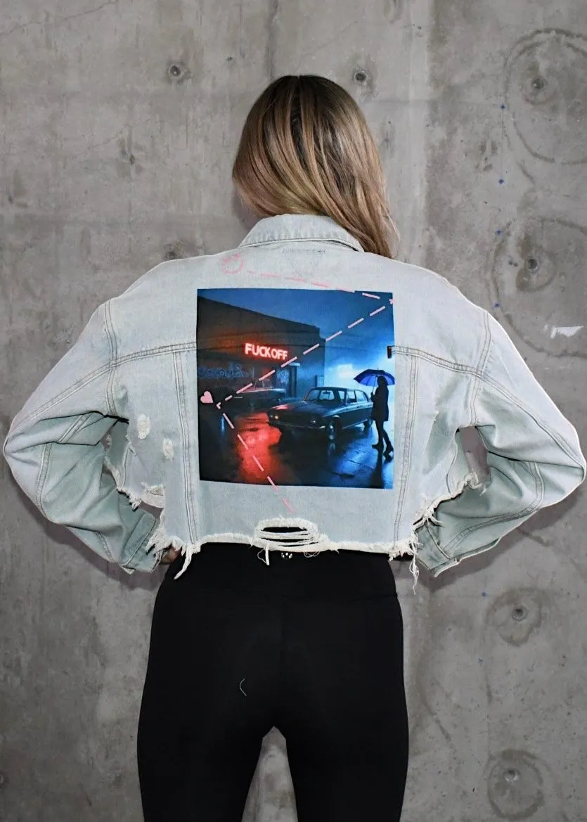 FUCK OFF Crop Denim Jacket