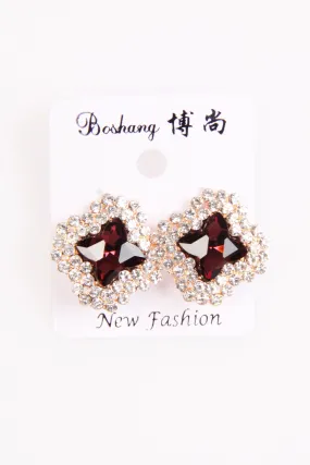 Geometric shape shiny diamante with maroon center Clip On Earrings