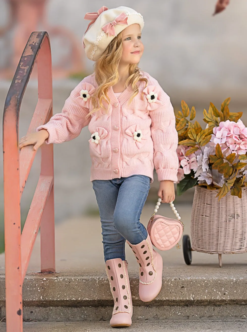 Girls Floral Button-Up Cardigan with Adorable 3D Flower Details and Heart-Shaped Buttons