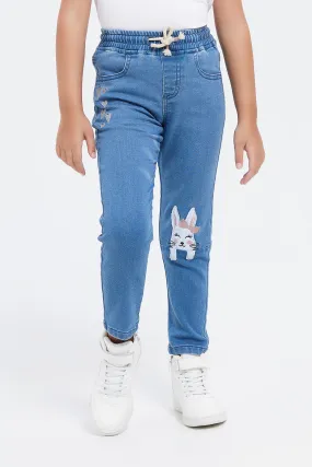 Girls Navy Bunny Embroidered Jeggings