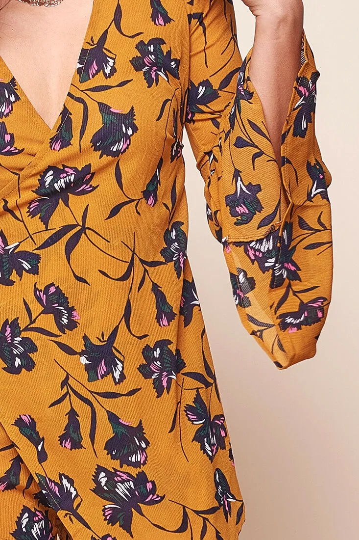 Grace Bell Sleeve Asymmetrical Wrap Booty Romper Mustard