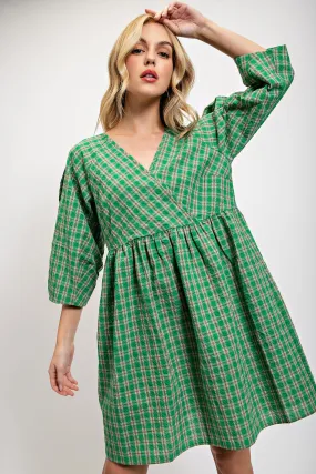 Green Plaid V-Neck Dress with Side Pockets