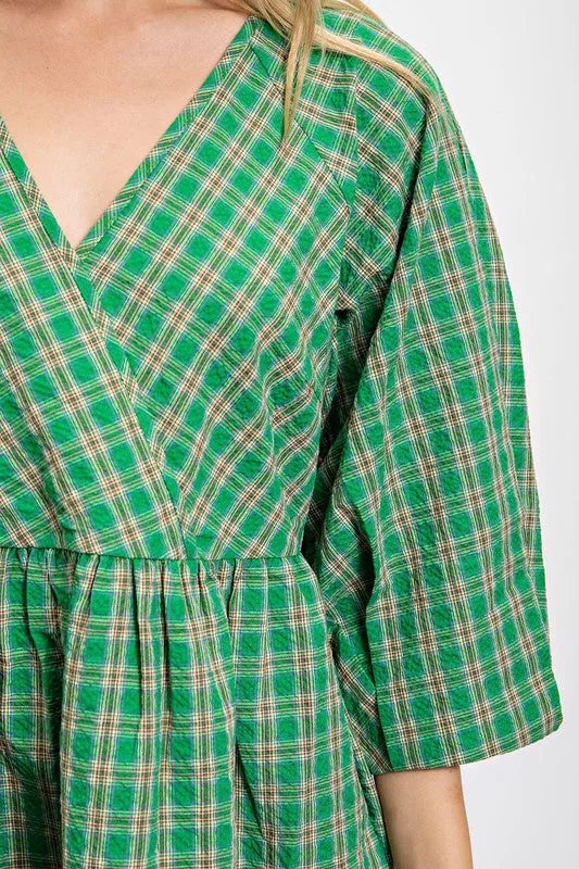 Green Plaid V-Neck Dress with Side Pockets