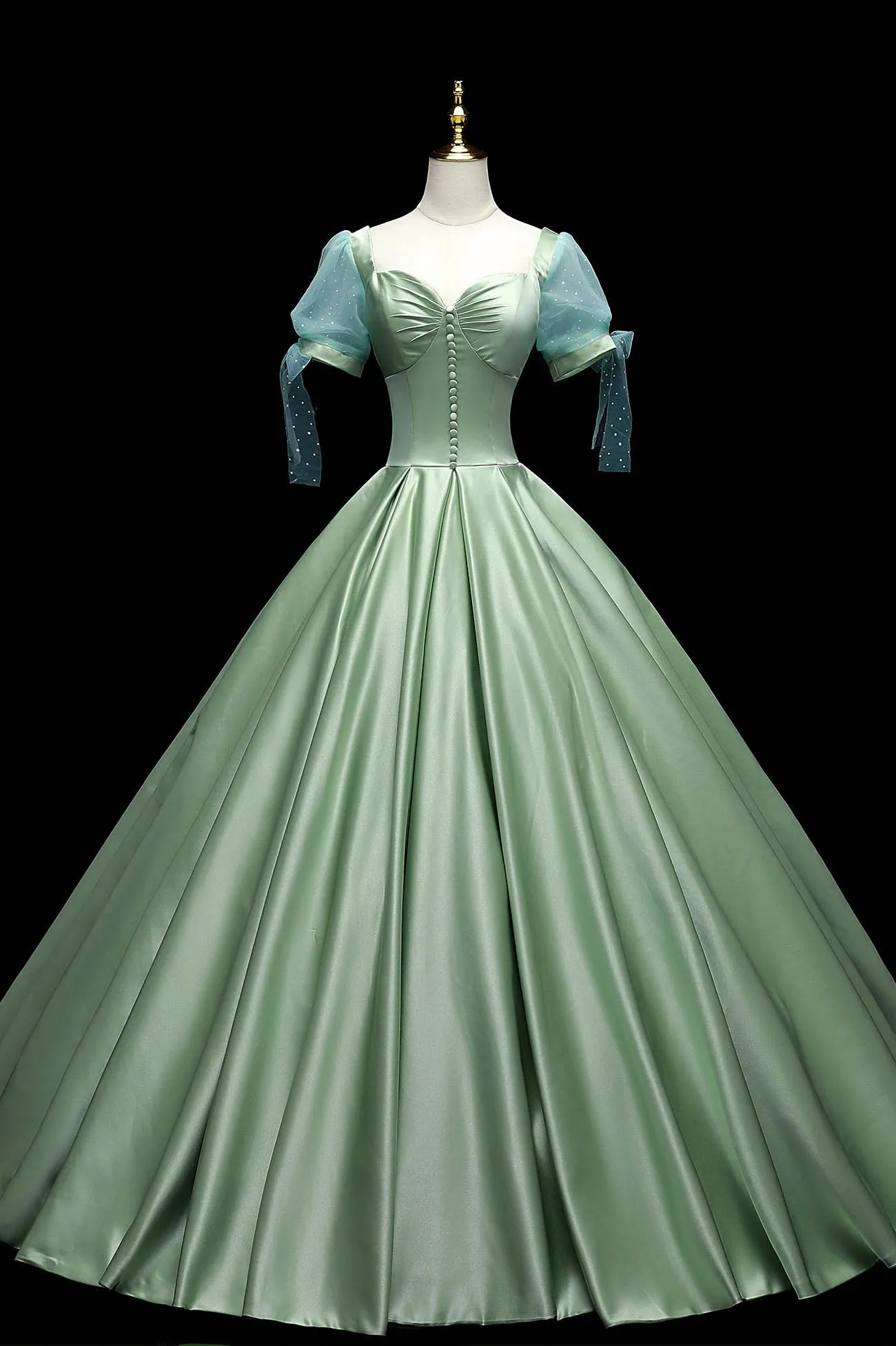 Green Satin Long A-Line Ball Gown, Short Sleeve Green Formal Evening Dress