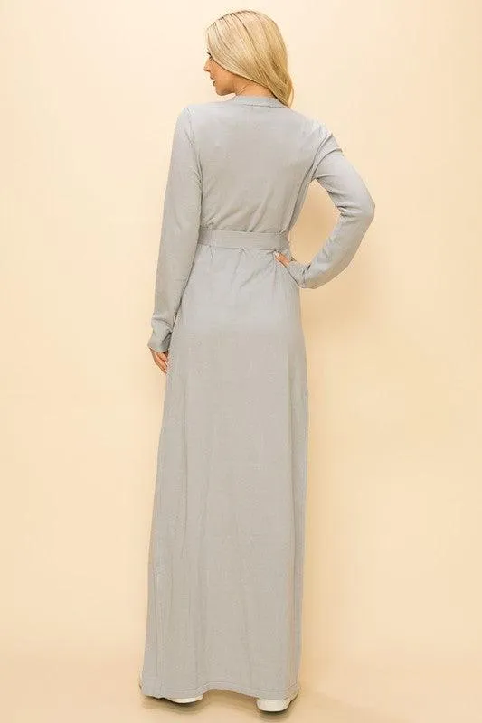 Grey Long Sweater Cardigan With Tie Belted