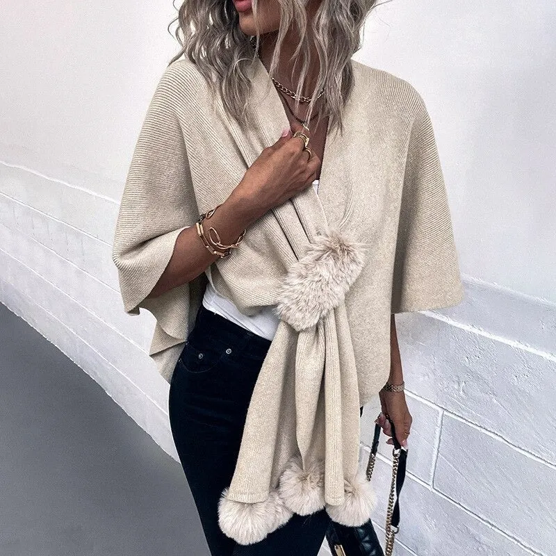 High-Fashion Oversized Autumn & Winter Shawl with Pompom Accents