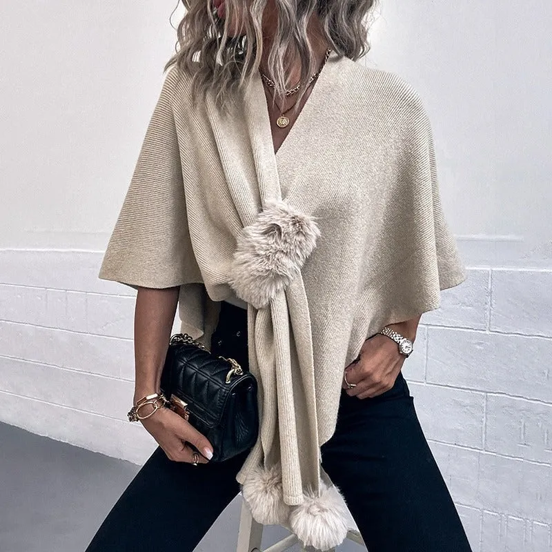 High-Fashion Oversized Autumn & Winter Shawl with Pompom Accents