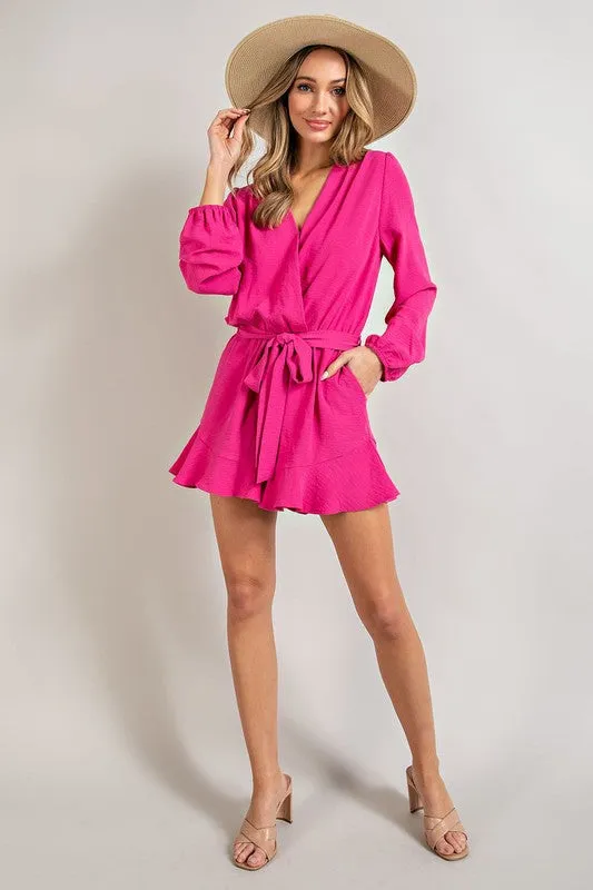 Hot Pink V-neck Waist Tie Romper