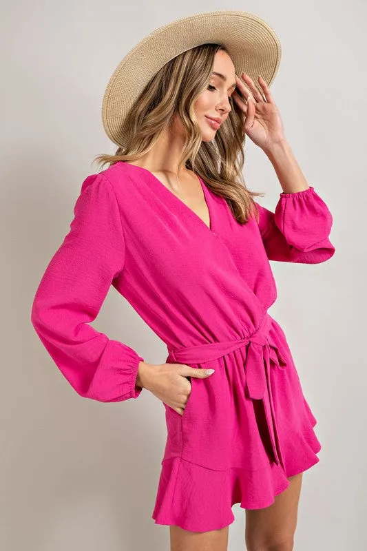 Hot Pink V-neck Waist Tie Romper