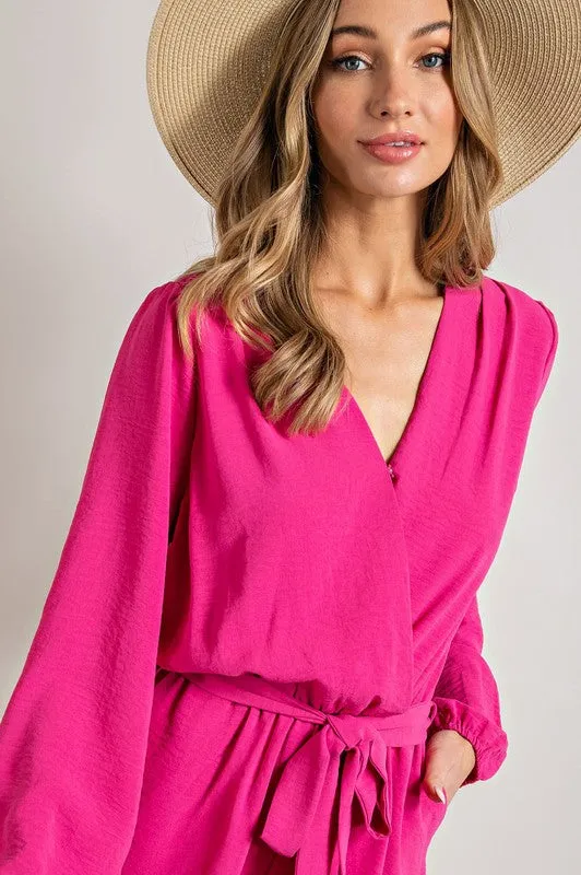 Hot Pink V-neck Waist Tie Romper