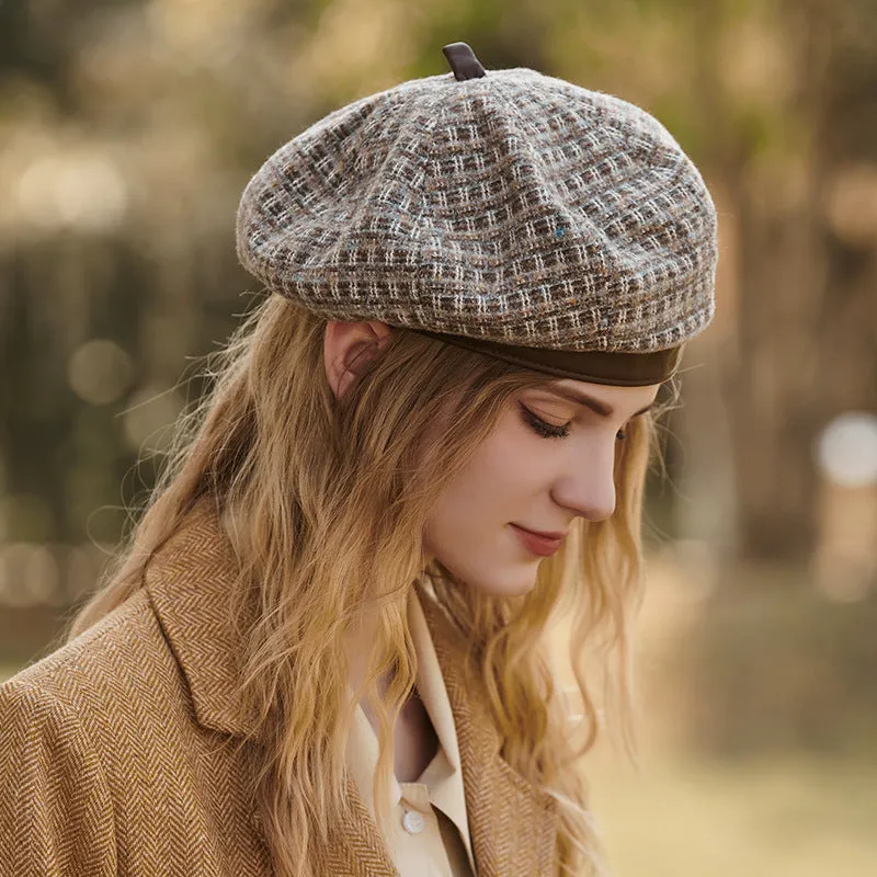 Houndstooth octagonal hat warm all-match painter hat retro autumn and winter beret women