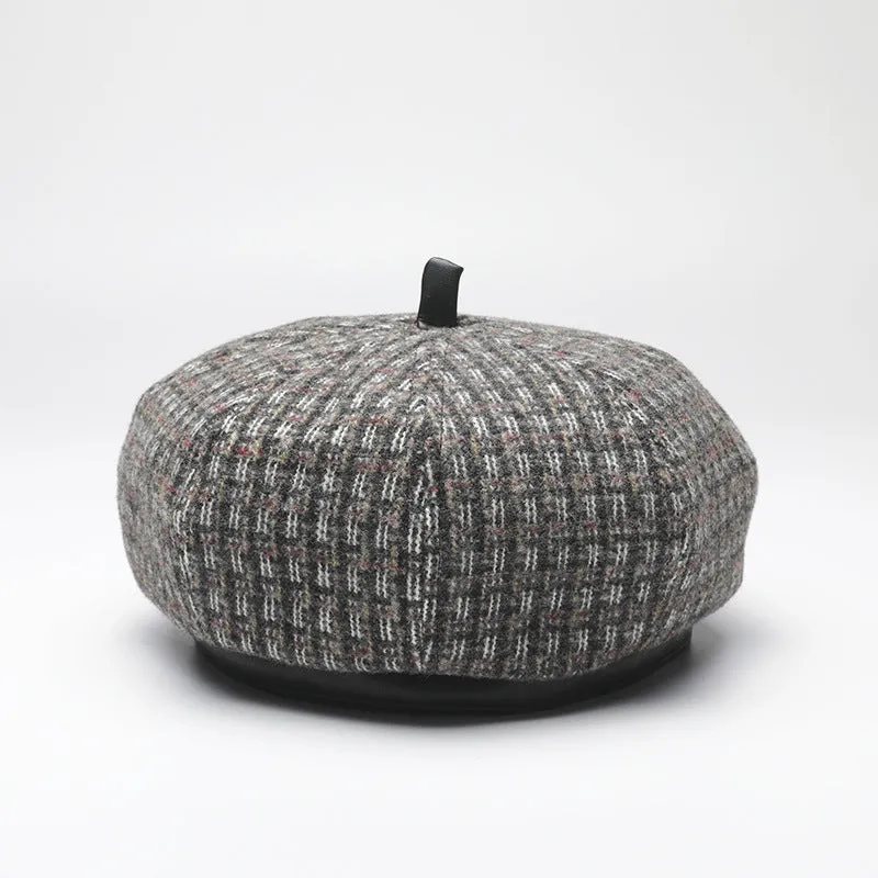 Houndstooth octagonal hat warm all-match painter hat retro autumn and winter beret women