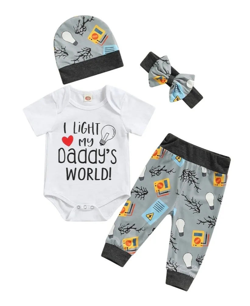 I Light My Daddy's World Romper with  Matching Pants, Hat and Headband Gender Neutral  #1000128