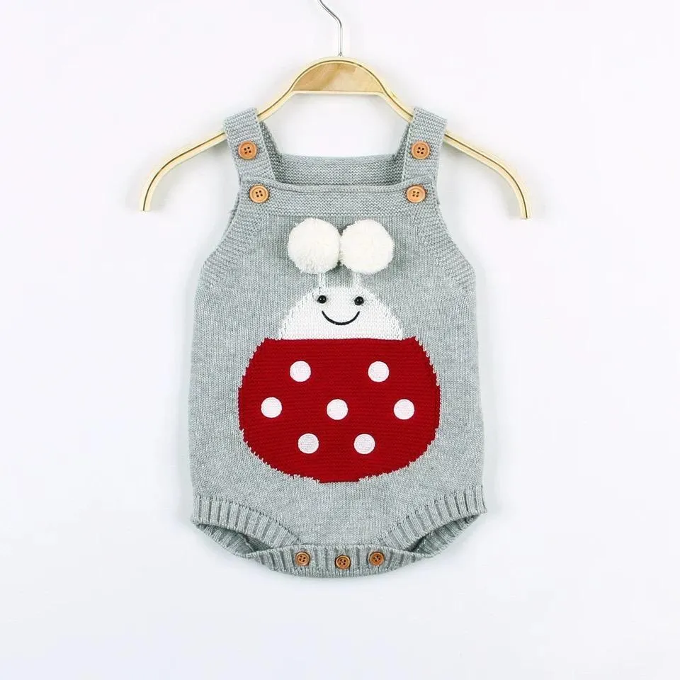 Infant Baby Pom-Pom Ladybug Knitted Onesies Pink and Gray