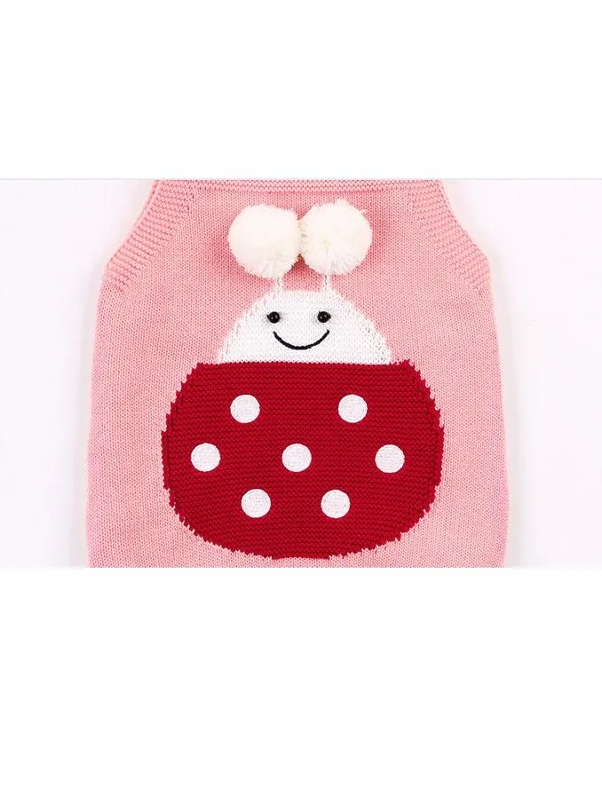 Infant Baby Pom-Pom Ladybug Knitted Onesies Pink and Gray